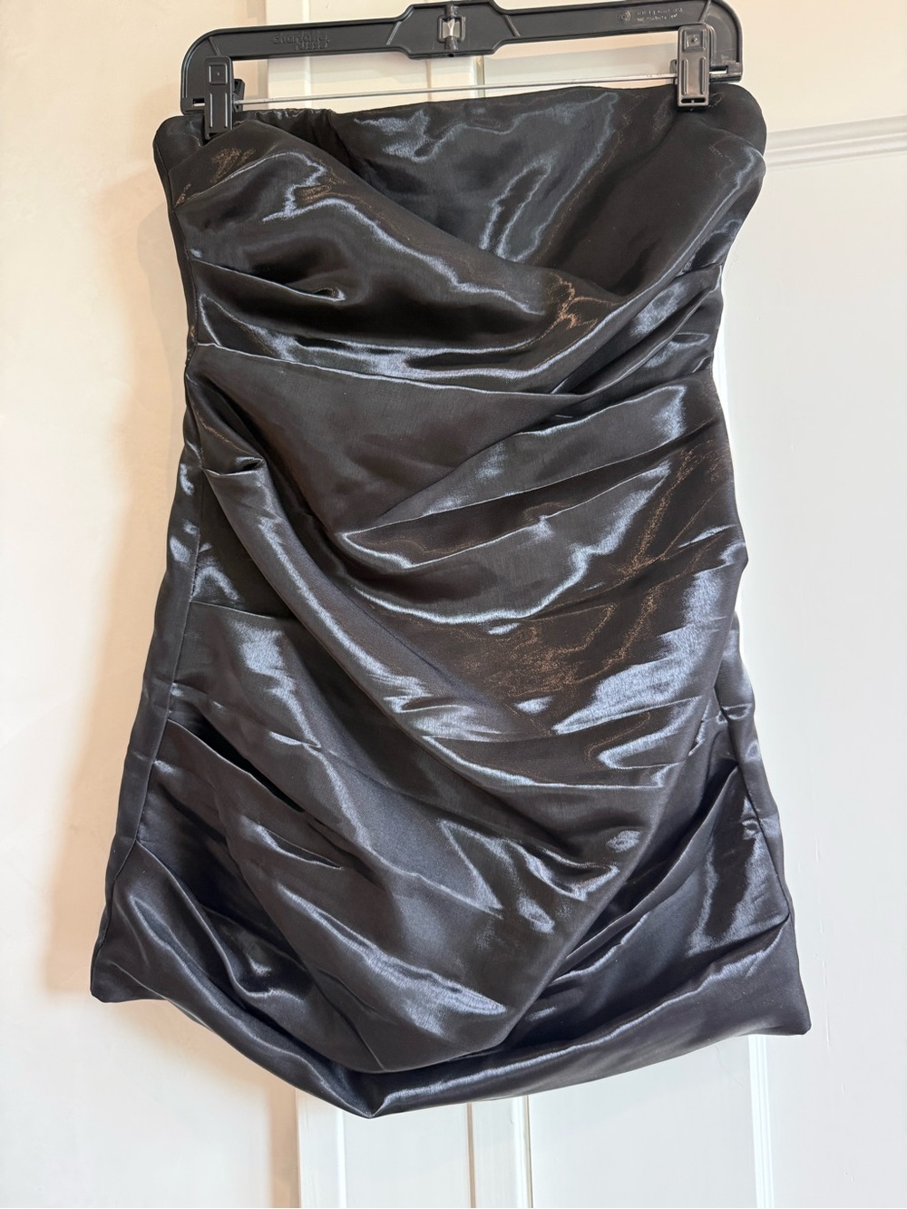 Strapless Shimmery Black Satin Ruched Cocktail Dress